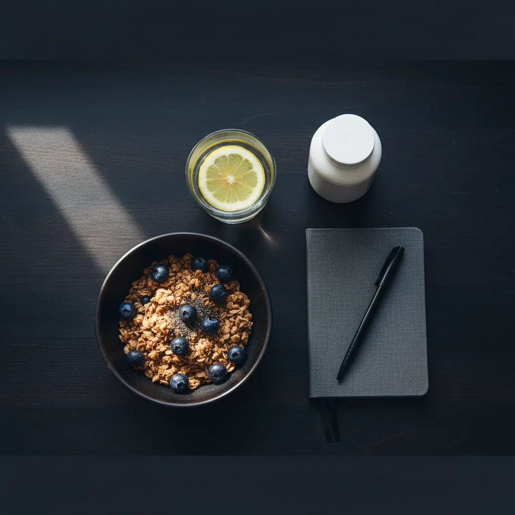 Daglig hälsorutin för män - kosttillskott, vatten och frukost på ett träbord